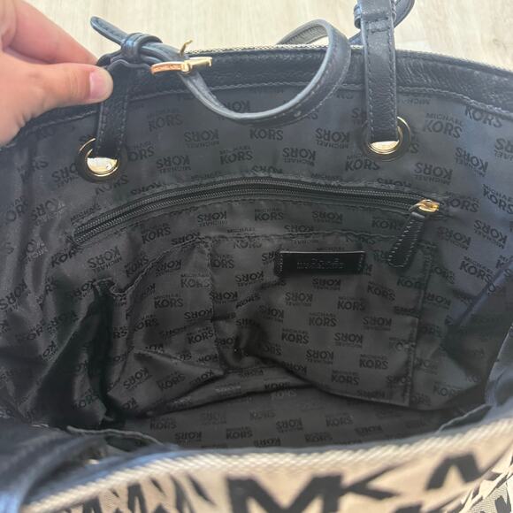 Michael Kors Jet Set Signature Monogram Canvas Tote Bag Purse Black Tan - Picture 3 of 6